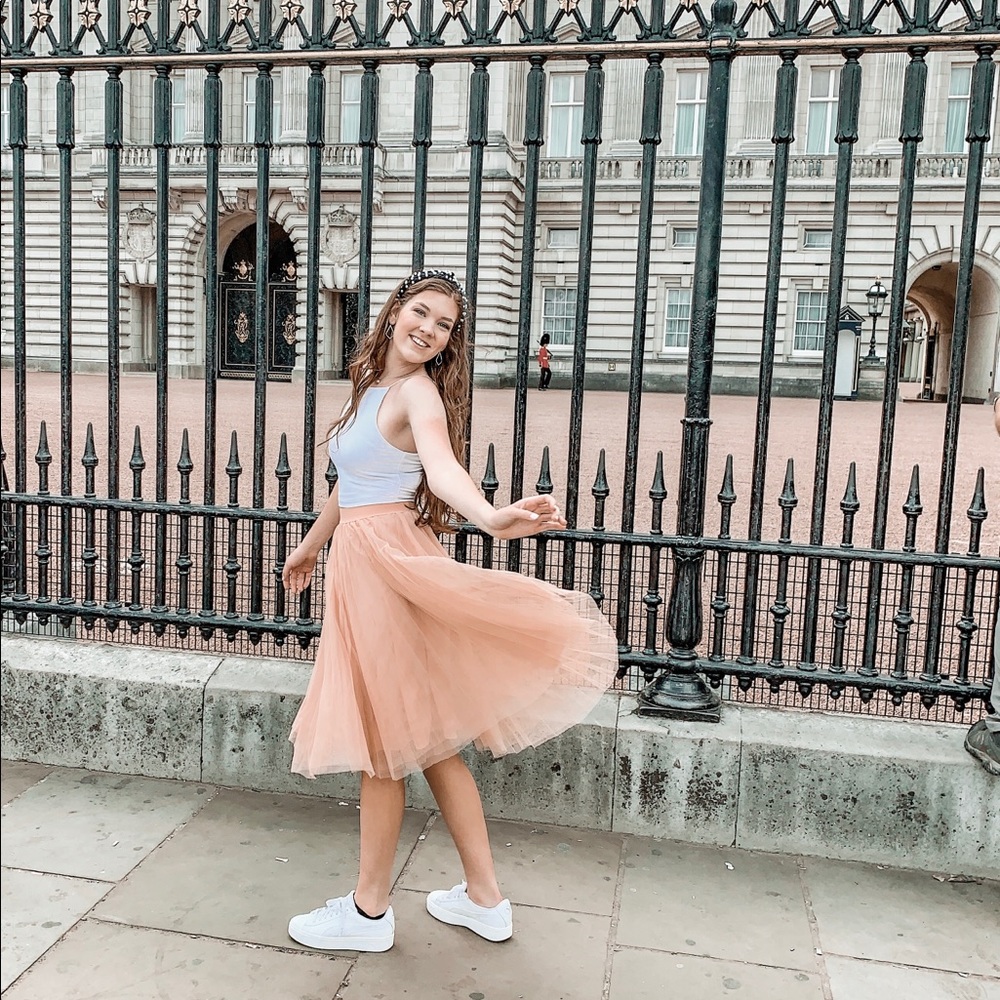 blush pink tulle midi skirt
